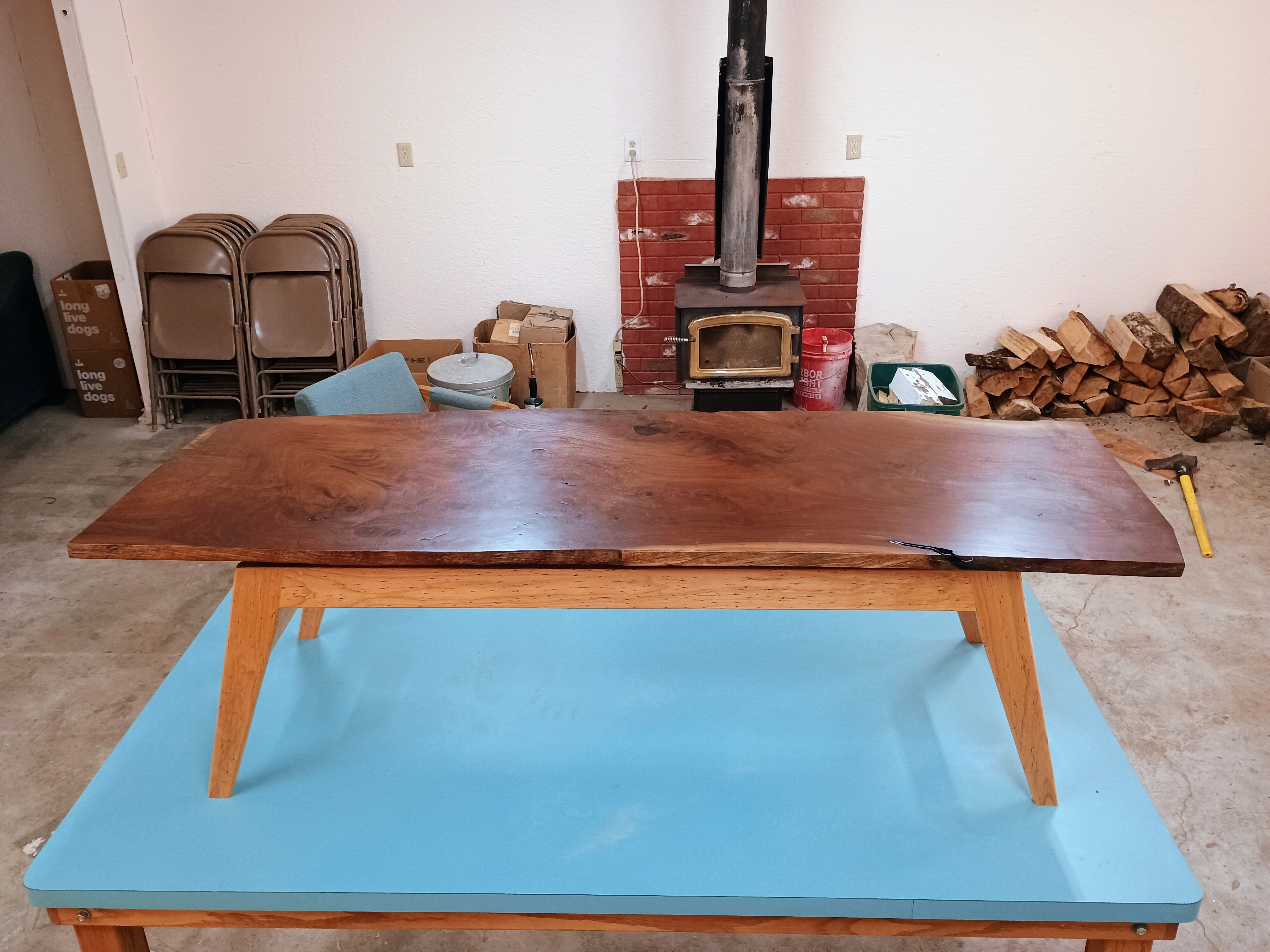 A finished coffee table being displayed in the shop
